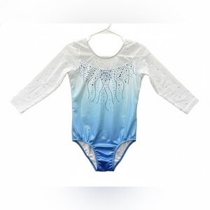 Girls Leotard Blue White Rhinestones Dance Gymnastics